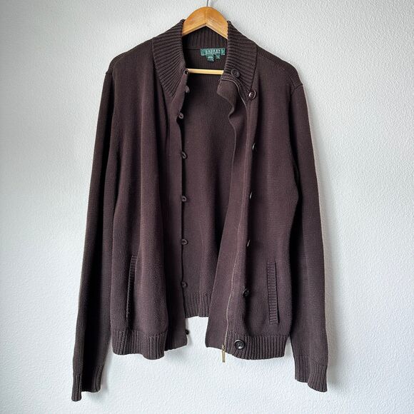 Lauren Ralph Lauren Women's Knit Button Zip Cardigan Brown 100% Cotton XL - Picture 1 of 6